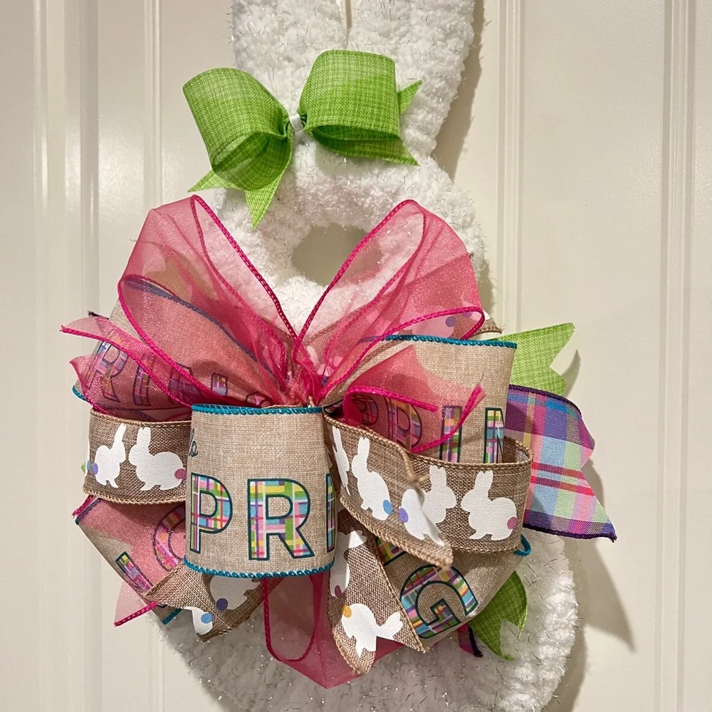 White Fluffy Yarn & Ribbon Bunny Wreath for Easter 19”L #8
